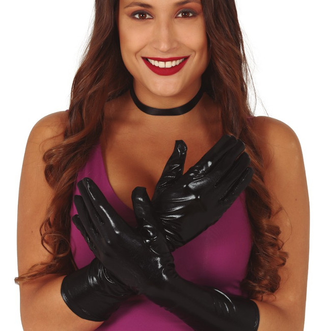 Vista frontal del guantes metalizados largos negros de 44 cm en stock