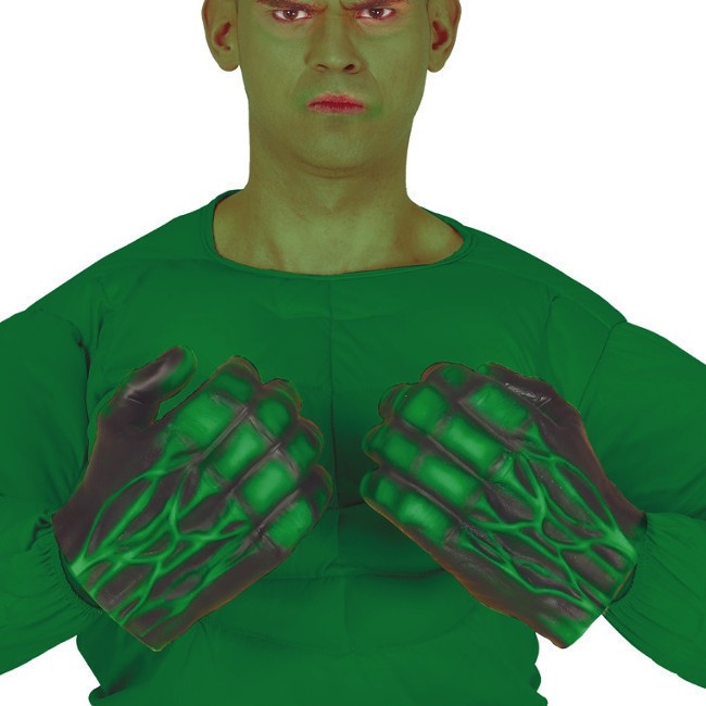 Vista principal del guantes grandes de látex de superhéroe verde