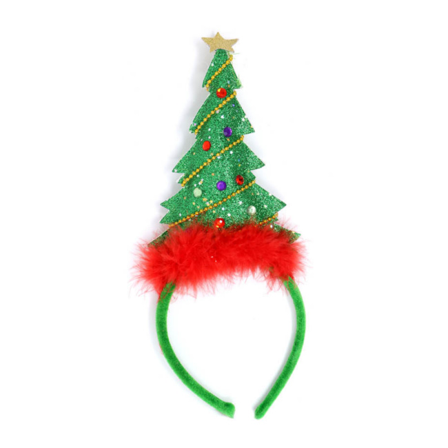 Vista frontal del diadema de árbol de Navidad decorado