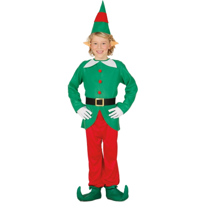 Vista principal del disfraz de elfo verde y rojo infantil en tallas 3 a 12 años