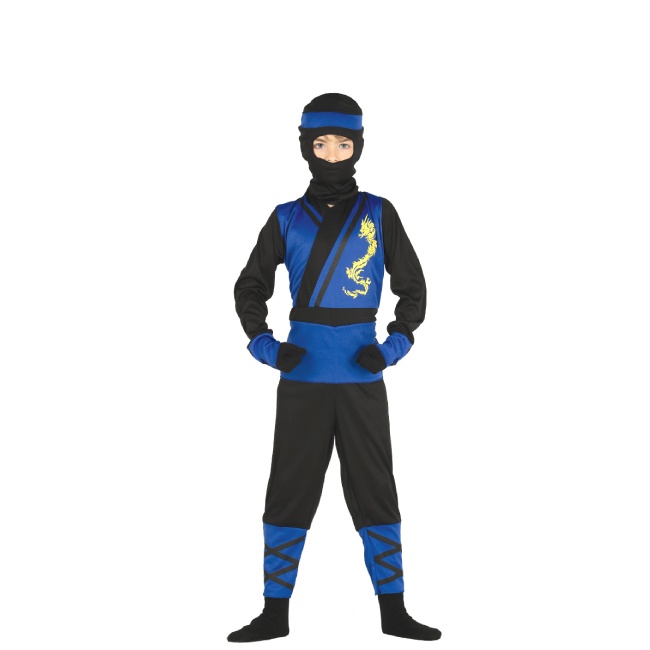 Vista frontal del disfraz de ninja negro y azul infantil en tallas 5 a 12 años