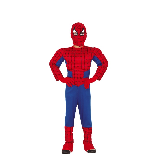 Vista frontal del disfraz de hombre araña musculoso infantil en tallas 3 a 12 años