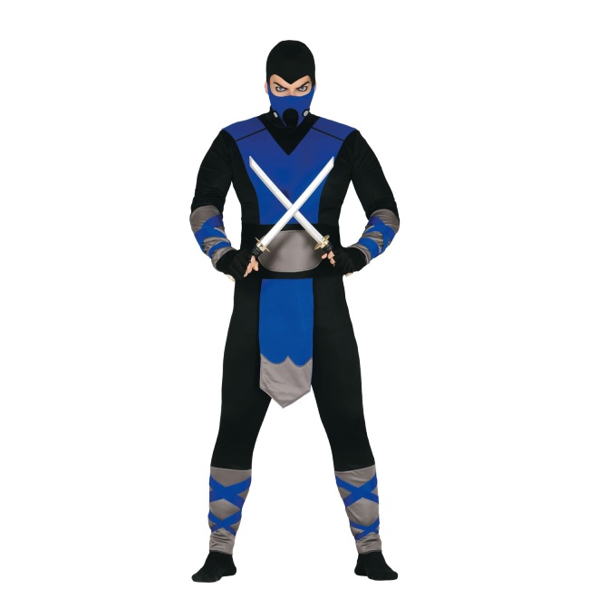Vista principal del disfraz de ninja negro y azul en stock