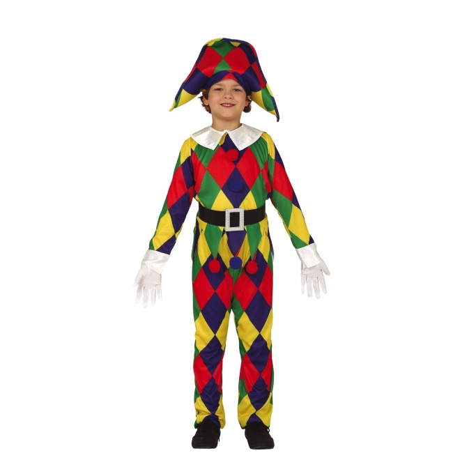 Vista frontal del disfraz de arlequín multicolor en tallas 5 a 12 años