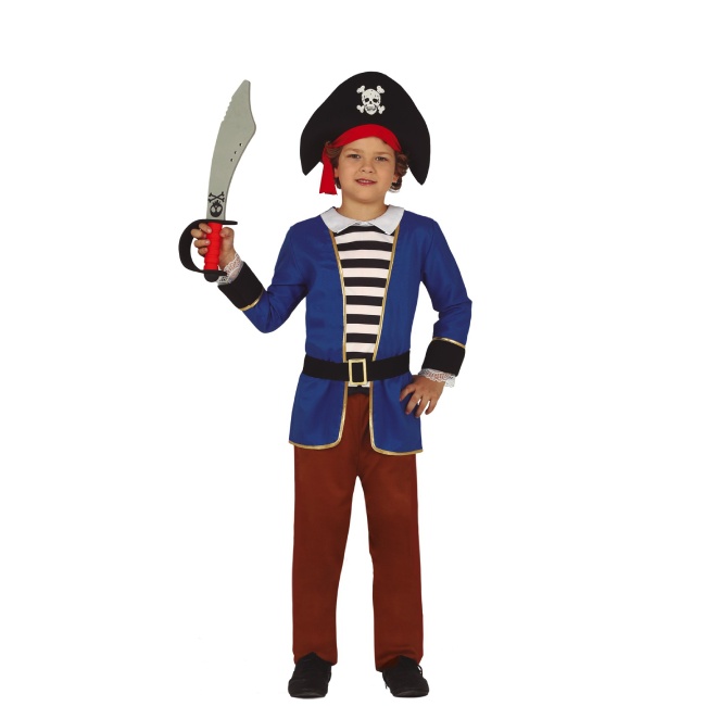 Vista frontal del disfraz de capitán pirata azul infantil en tallas 3 a 12 años