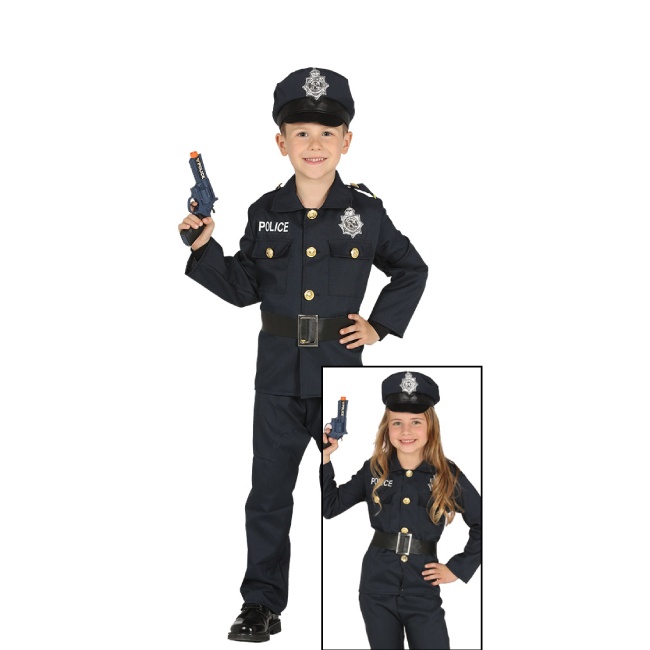 Vista frontal del disfraz de policía clásico infantil en tallas 3 a 12 años