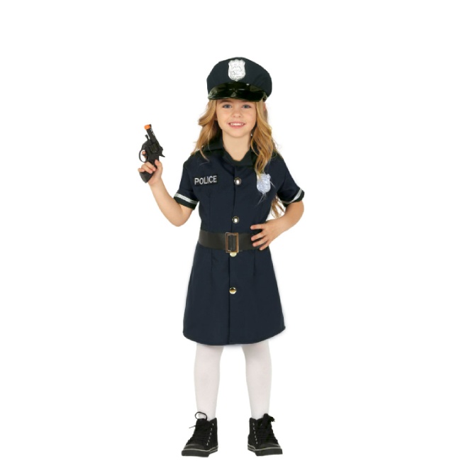 Vista principal del disfraz de policía con vestido en tallas 3 a 12 años