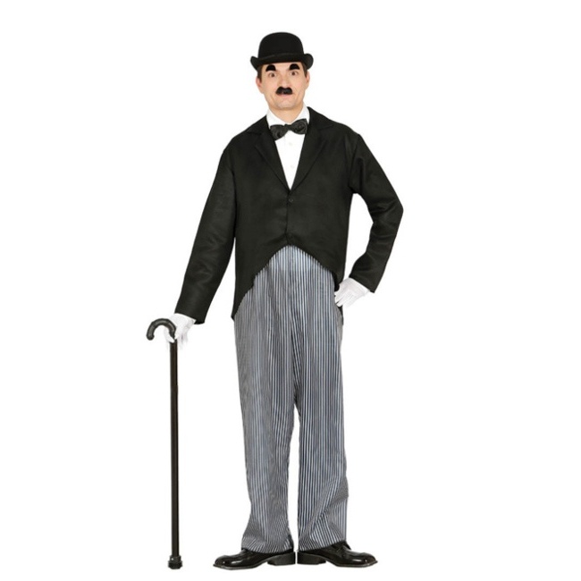 Vista delantera del disfraz de Charles Chaplin en stock