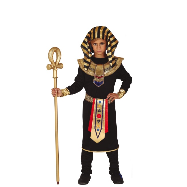 Vista frontal del disfraz de faraón egipcio con túnica en tallas 5 a 12 años