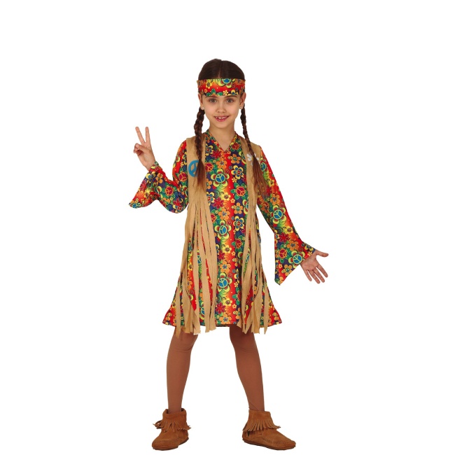 Vista frontal del disfraz de hippie años 70 estampado en tallas 5 a 12 años