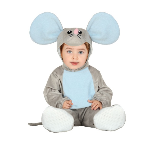 Vista principal del disfraz de ratón gris y azul en tallas 12 a 24 meses