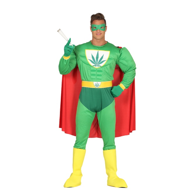 Vista delantera del disfraz de superhéroe marihuana en stock