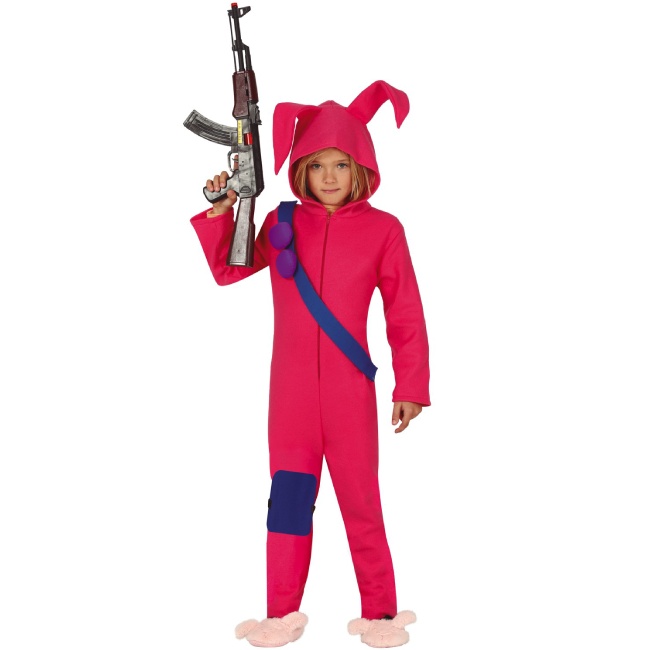 Vista frontal del disfraz de conejo rosa guerrero infantil en tallas 7 a 12 años