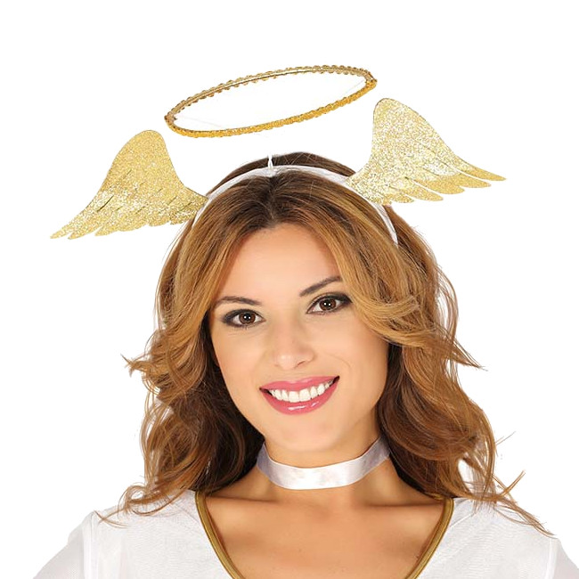 Vista frontal del diadema de ángel dorada en stock