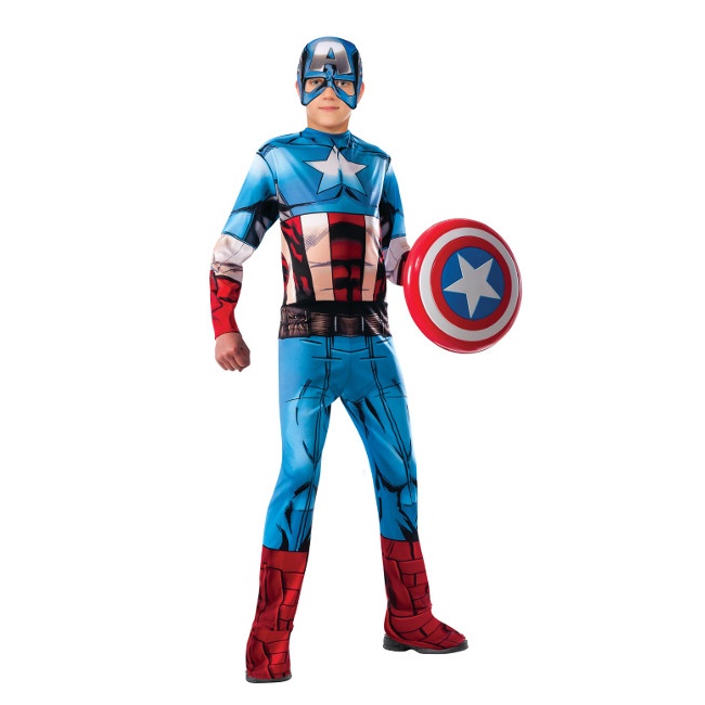 Vista frontal del disfraz de Capitán América de Los Vengadores en tallas 8 a 14 años