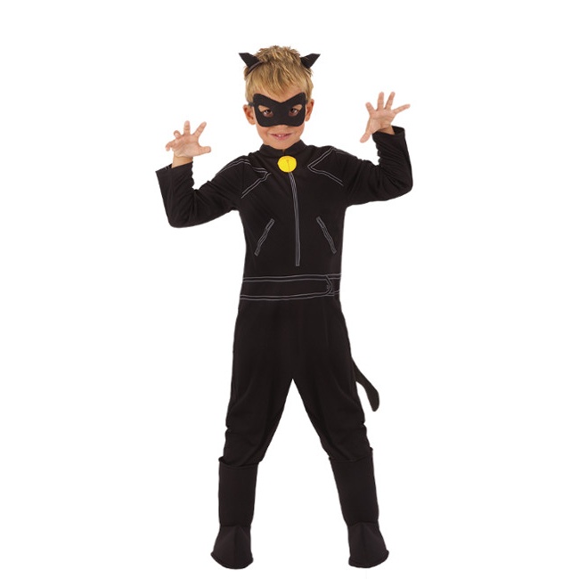 Vista frontal del disfraz de Cat Noir en tallas 3 a 10 años