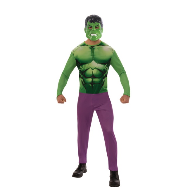 Vista delantera del disfraz de Hulk con máscara disponible también en talla XL
