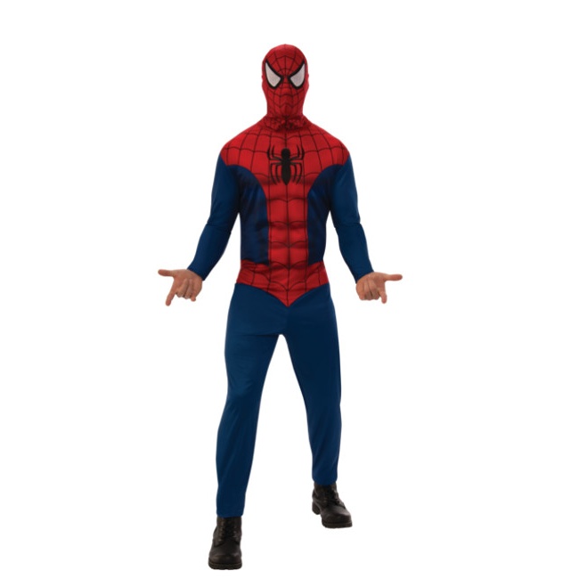 Vista delantera del disfraz de Spiderman con capucha en stock