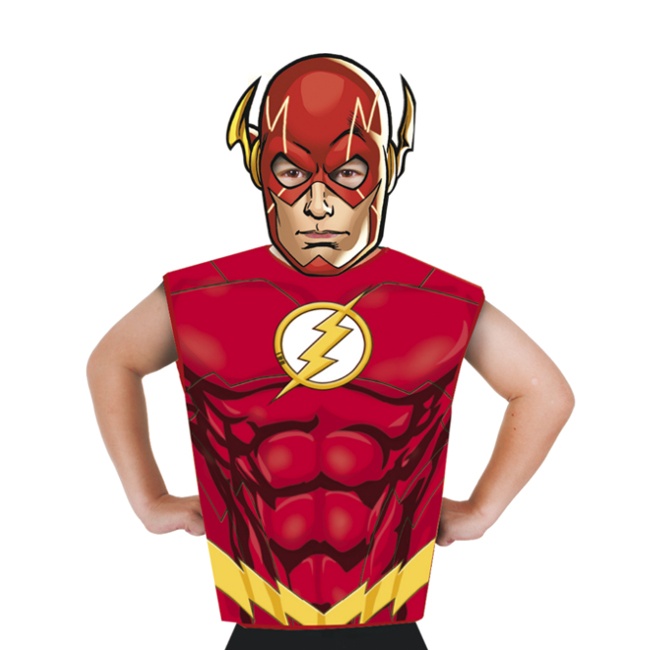 Vista delantera del disfraz de Flash con camiseta y careta en stock