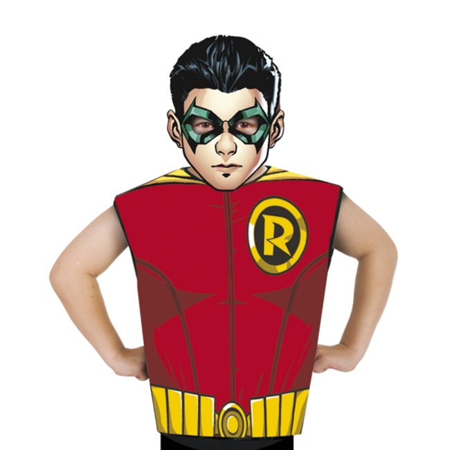 Vista principal del disfraz de Robin con camiseta y careta en stock
