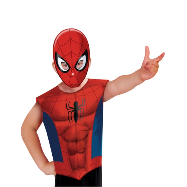 Vista principal del disfraz de Spiderman con camiseta y careta en stock