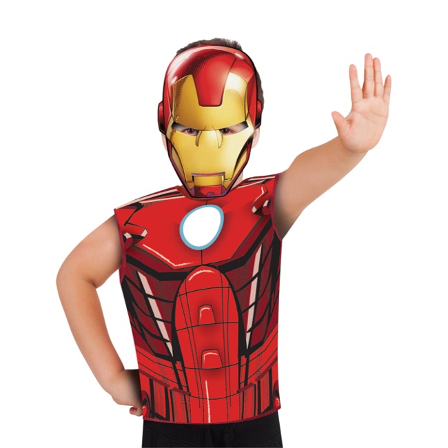 Vista frontal del disfraz de Iron Man con camiseta y careta en stock