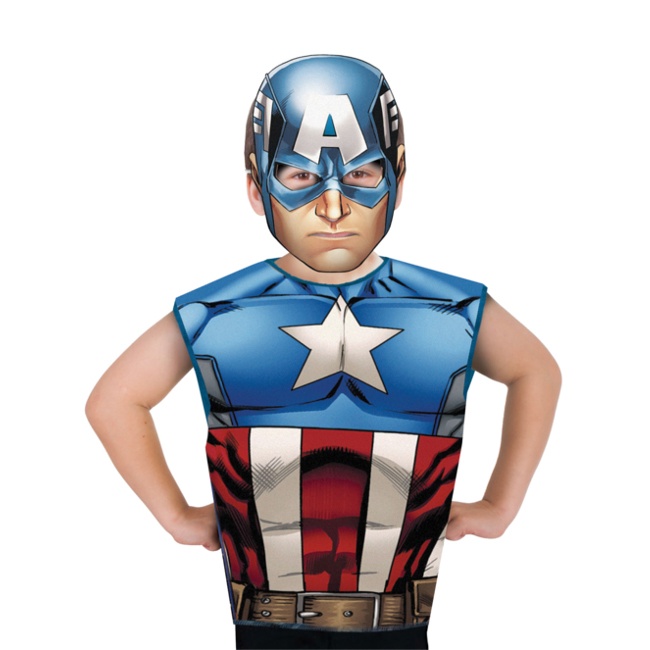 Vista delantera del disfraz de Capitán América con camiseta y careta en stock
