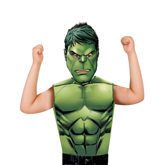 Vista principal del disfraz de Hulk con camiseta y careta en stock