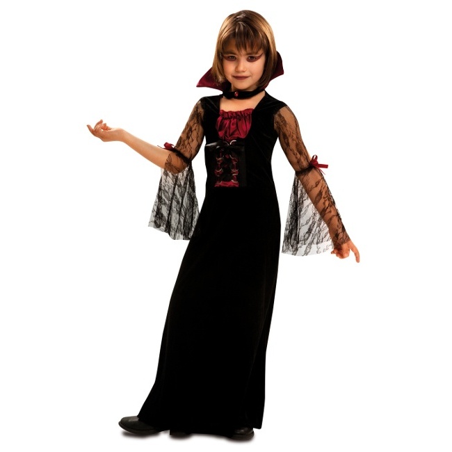 Vista delantera del disfraz de vampiresa Halloween infantil en tallas 5 a 12 años