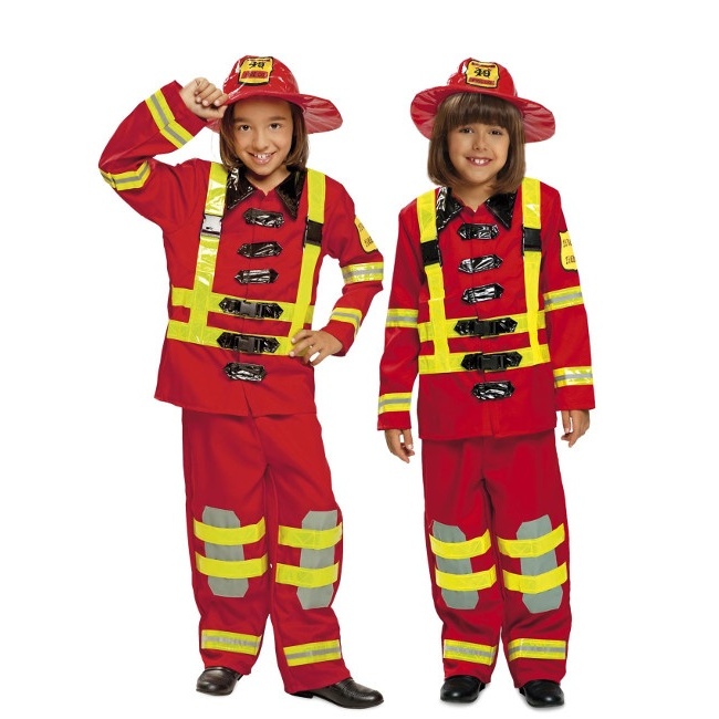 Vista frontal del disfraz de bombero rojo en tallas 3 a 12 años