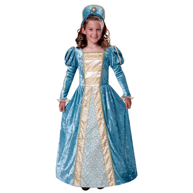 Vista frontal del disfraz de princesa azul en tallas 5 a 12 años