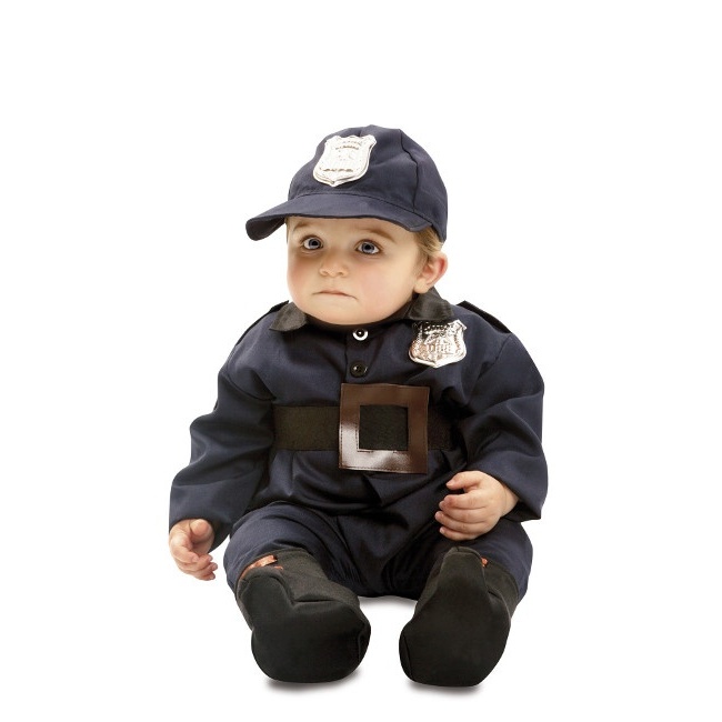 Vista delantera del disfraz de policía con gorra en tallas 7 a 24 meses