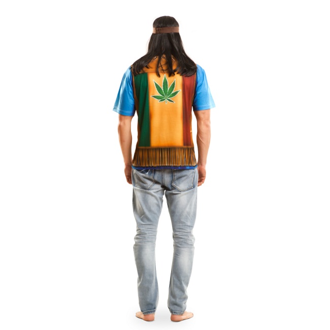Foto lateral/trasera del modelo de hippie con chaleco