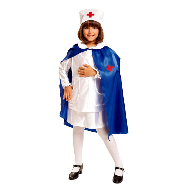 Vista delantera del disfraz de enfermera con capa en tallas 3 a 12 años