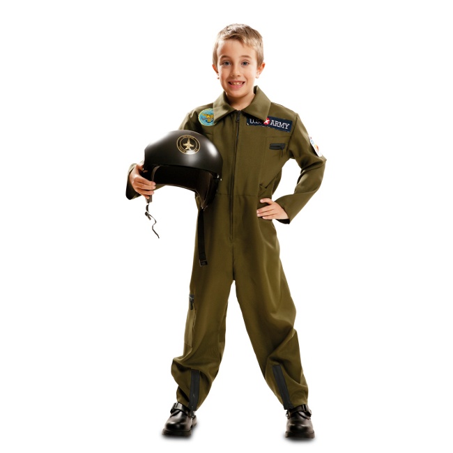 Vista frontal del disfraz de piloto de caza en tallas 3 a 12 años