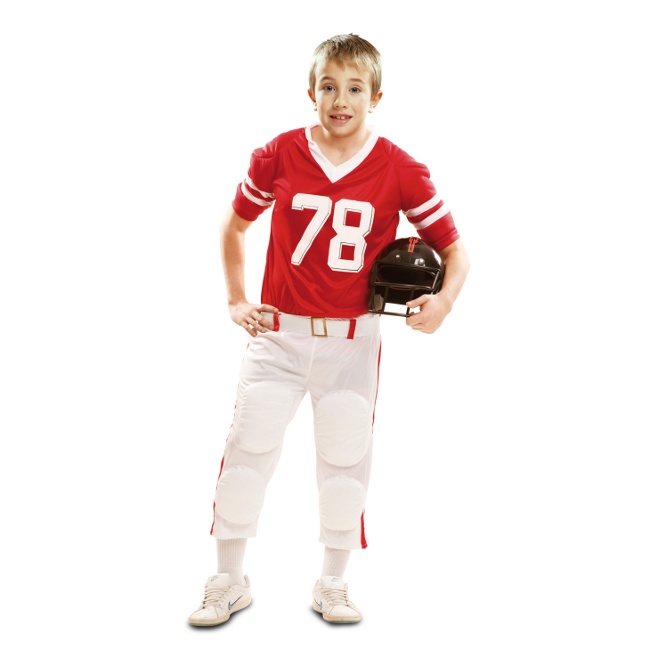 Vista frontal del disfraz de jugador de rugby rojo en tallas 3 a 12 años