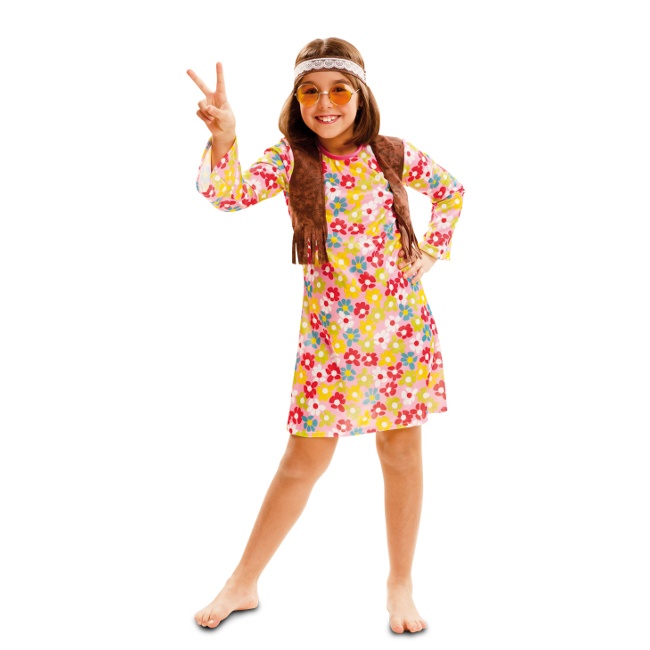 Vista delantera del disfraz de hippie con flores en tallas 5 a 12 años