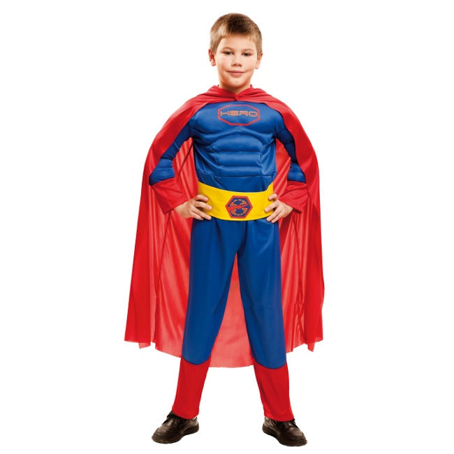 Vista delantera del disfraz de superhéroe musculoso con capa en tallas 3 a 12 años