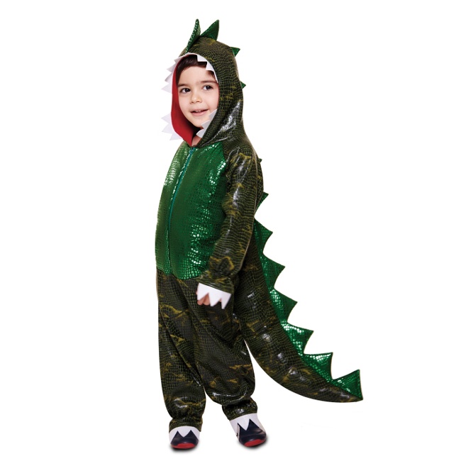 Vista delantera del disfraz de tiranosaurio en tallas 3 a 9 años