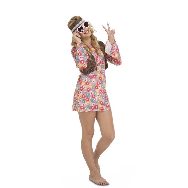 Vista delantera del disfraz de hippie con flores en talla única