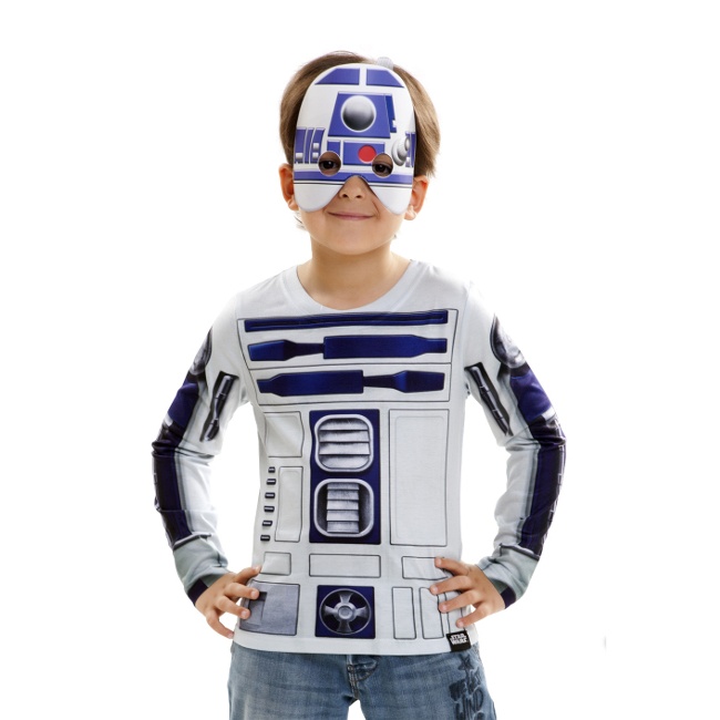 Vista delantera del camiseta disfraz de R2D2 infantil en tallas 2 a 10 años