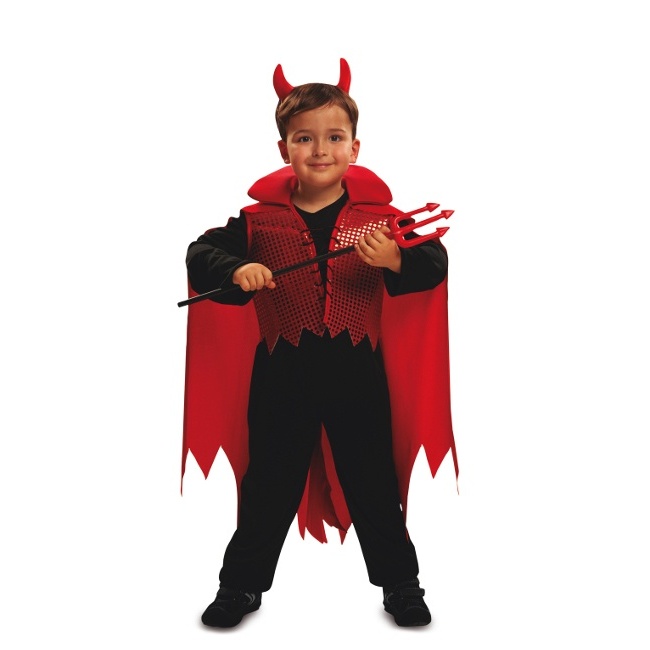 Vista principal del disfraz de diablo negro y rojo infantil en tallas 3 a 12 años