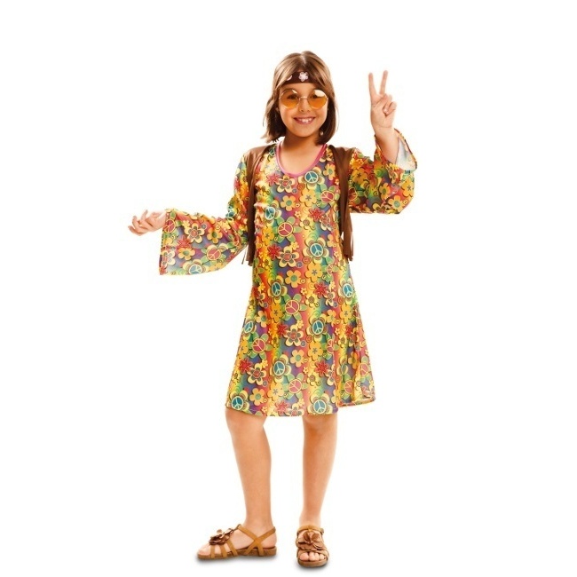 Vista principal del disfraz de hippie con estampado de flores en tallas 5 a 12 años