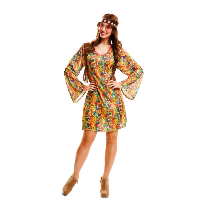 Vista principal del disfraz de hippie con estampado de flores disponible también en talla XL