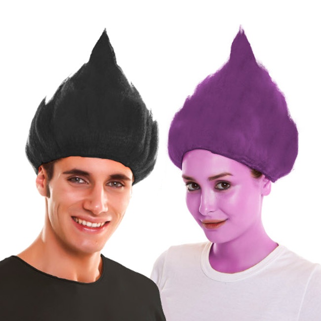Vista frontal del peluca de troll en color lila y negro