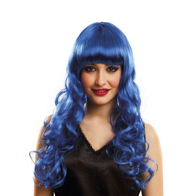 Vista frontal del peluca melena larga azul en stock