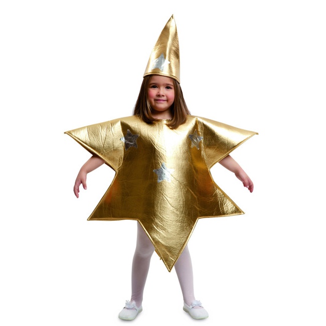 Vista frontal del disfraz de estrella navideña dorada infantil en tallas 3 a 9 años