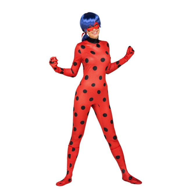 Vista frontal del disfraz de Ladybug con accesorios en stock