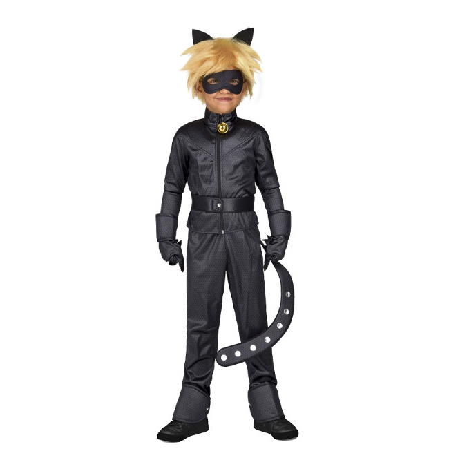 Vista delantera del disfraz de Cat Noir con accesorios en tallas 4 a 14 años