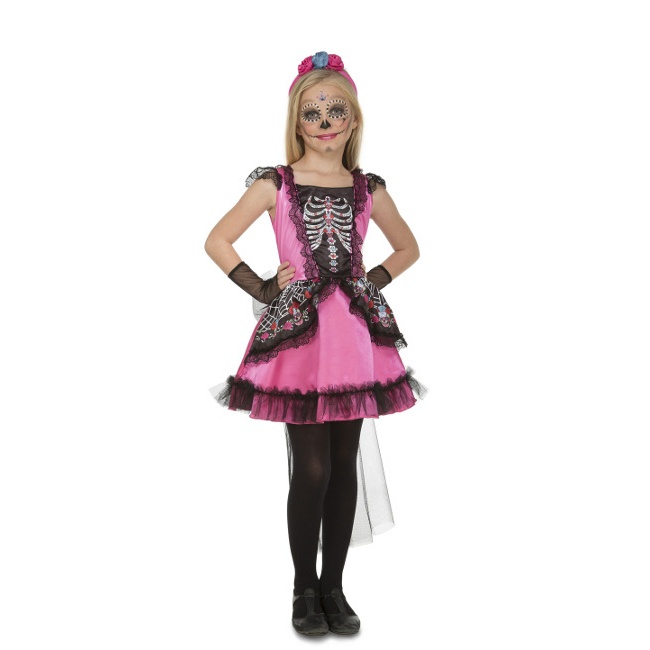 Vista delantera del disfraz de esqueleto Catrina rosa en tallas 5 a 12 años